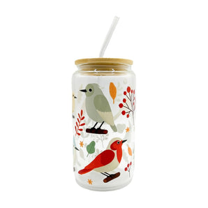 Birds & Berries Glass Cup w/ Lid Straw By Lucky Sprout