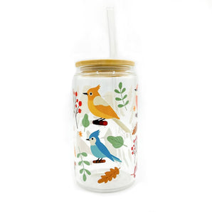 Birds & Berries Glass Cup w/ Lid Straw By Lucky Sprout