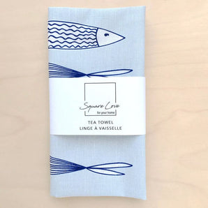 Blue Fish Linen-Cotton Tea Towel By Square Love