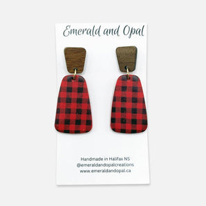 Buffalo Plaid and Wood Dangle Earrings By Emerald Opal