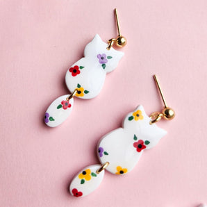 Floral Cats Dance Dangle Earrings By Pink Mallow Creations