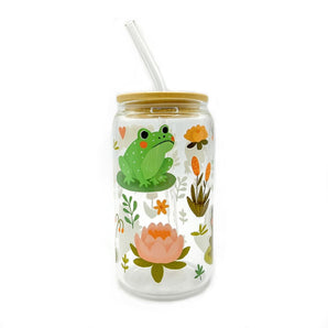 Frogs & Flowers Glass Cup w/ Lid Straw By Lucky Sprout