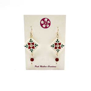 Red Tile Design Dangle Earrings By Pink Mallow Creations