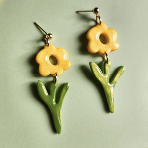 Yellow Abstract Flowers Earrings By Pink Mallow Creations